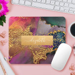 Tapis De Souris Chic glam aquarelle marbre or violet bleu vert<br><div class="desc">Une bande brillante et fausse feuille d'or avec votre nom de typographie de script recouvre un riche, veiné or, bleu marine, vert chasseur, rose et violet arrière - plan d'aquarelle sur cet élégant, tendance, girly, nom personnalisé mousepad. Fait une déclaration chic et élégante à chaque utilisation. Un grand cadeau pour...</div>