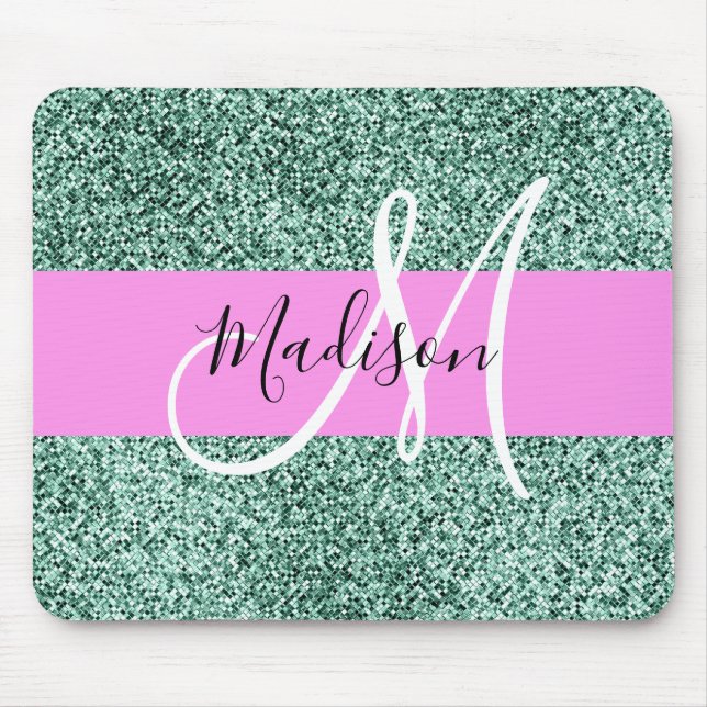 Tapis De Souris Chic Glam Pink Green Glitter Sparkle Name Monogram (Devant)