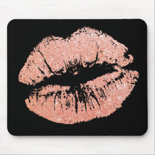 Tapis De Souris Chic Glitter Effect Rose-Gold Lips Black Mousepad