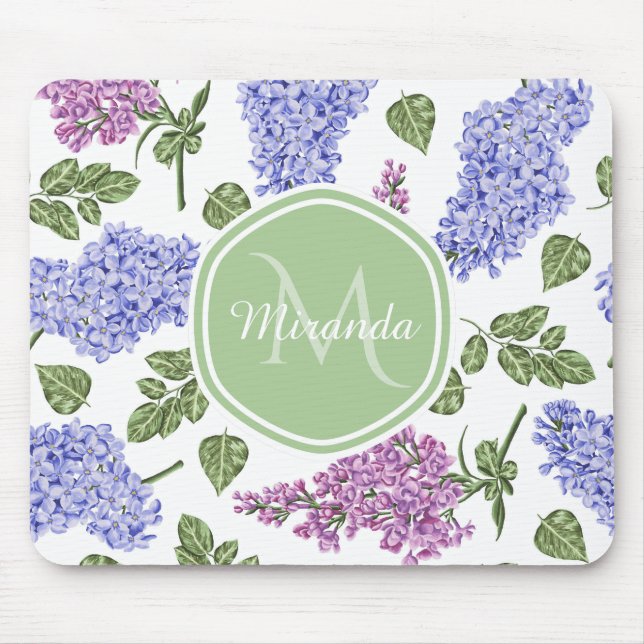 Tapis De Souris Chic Lavande Lilac Floral Pastel Vert Monogramme (Devant)