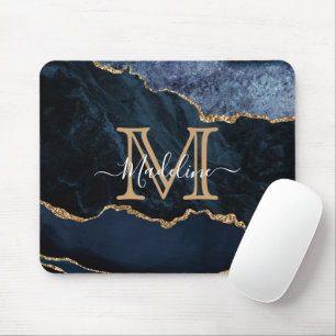 Tapis De Souris Chic Marbre Agate Géode Marine Blue Gold Monogramm
