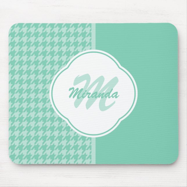 Tapis De Souris Chic Mint Green Houndstooth avec Monogramme et nom (Devant)
