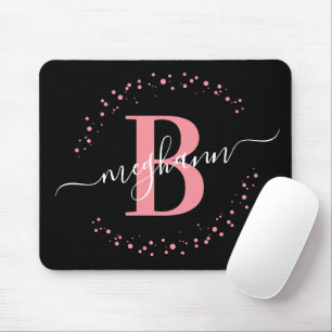 Tapis De Souris Chic moderne fille rose noir Nom Script Monogramme