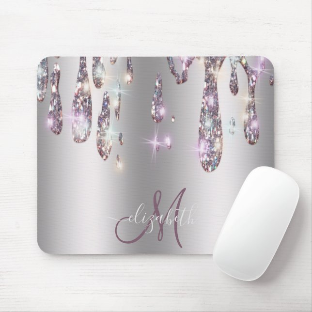 Tapis De Souris Chic Moderne Gouttes d'Argent Monogramme  (Avec souris)