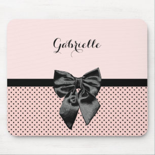 Tapis De Souris Chic Pois rose noir Bow et nom