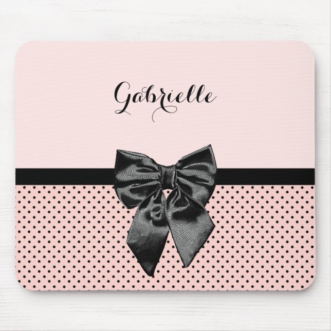 Tapis De Souris Chic Pois rose noir Bow et nom (Devant)