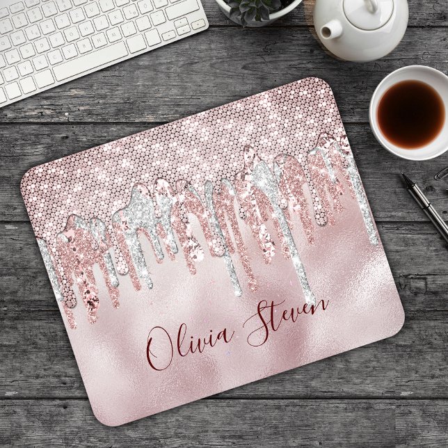Tapis De Souris Chic rose blush gold glitter drips monogram (Créateur téléchargé)