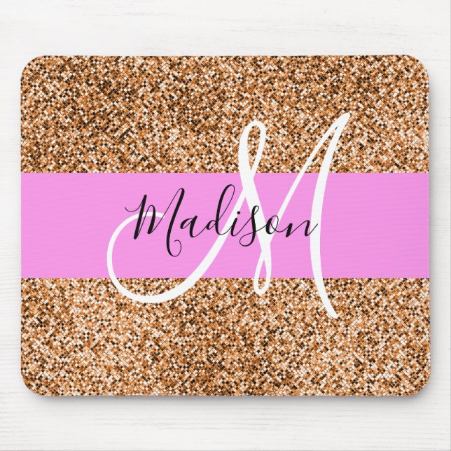 Tapis De Souris Chic Rose & Citrouille Paillettes Monogramme Nom (Devant)