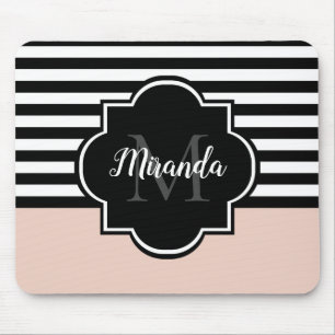 Tapis De Souris Chic rose et noir larges bandes Nom et monogramme