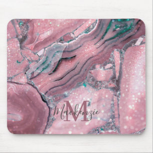 Tapis De Souris Chic Rose Gold Agate Geode Sparkle Monogramme