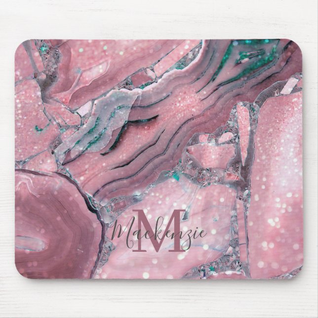 Tapis De Souris Chic Rose Gold Agate Geode Sparkle Monogramme (Devant)