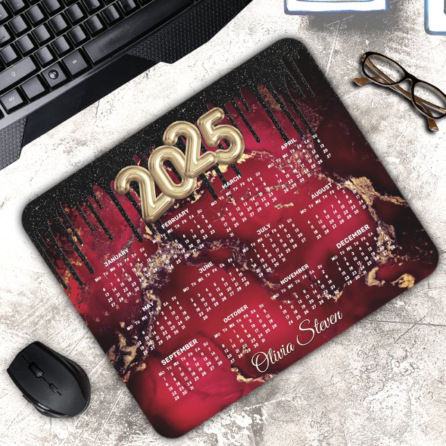 Tapis De Souris Chic rouge noir glitter monographie 2025 calendrie (Créateur téléchargé)