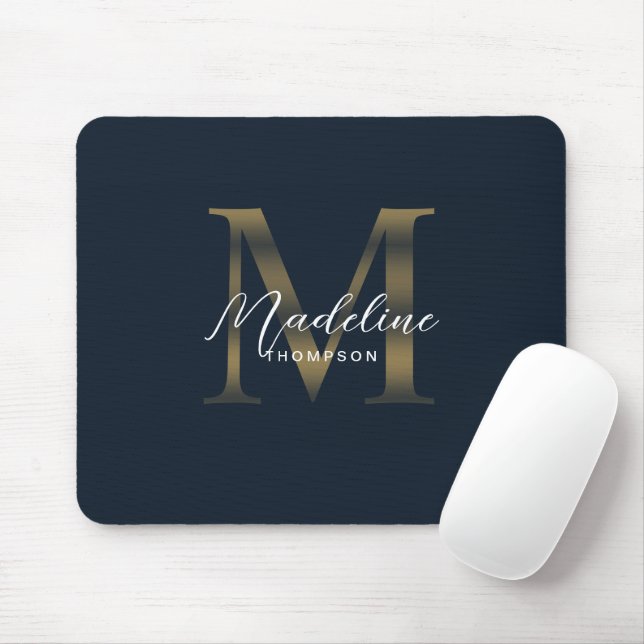 Tapis De Souris Chic Script Metallic Navy Blue and Gold Monogram (Avec souris)