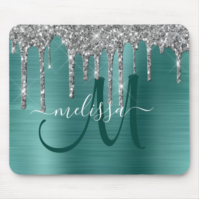 Tapis De Souris Chic Turquoise brossé Parties scintillant d'argent (Devant)