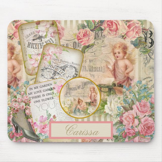 Tapis De Souris Chic victorien Ephemera Angels Rose Monogramme (Devant)