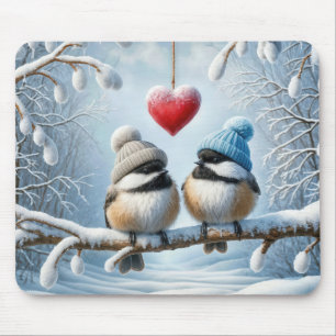 Tapis De Souris Chickadee d'hiver au coeur rouge