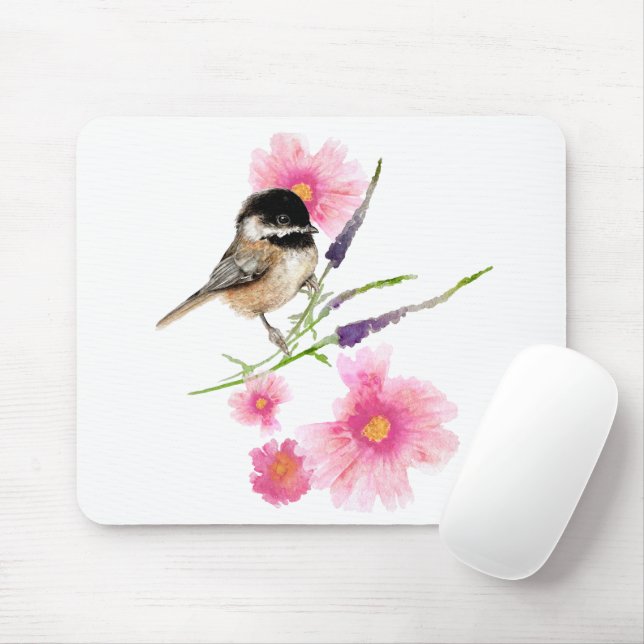 Tapis De Souris Chickadee Sweet Cute Black Capped Aquarelle Art (Avec souris)