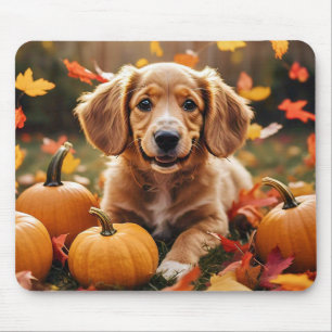 Tapis De Souris Chien adorable avec feuilles d'automne et Citrouil