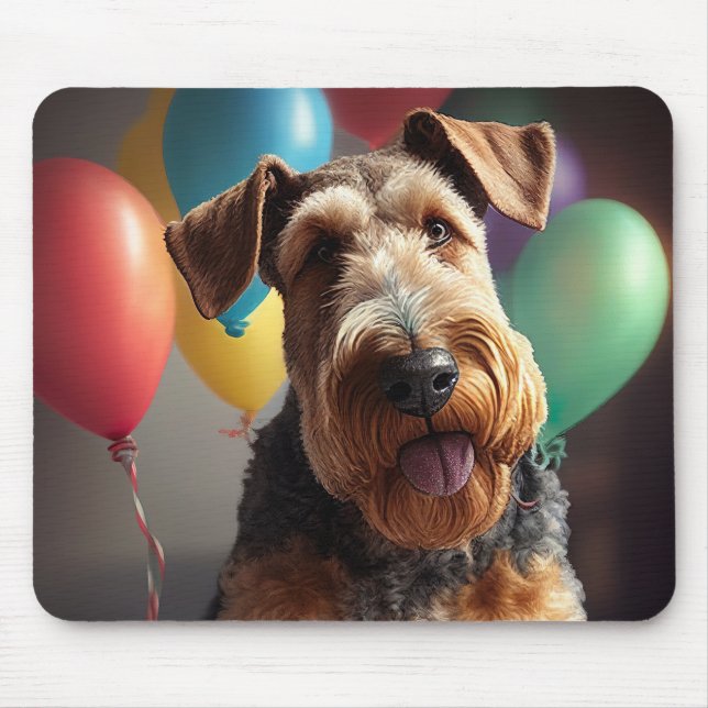 Tapis De Souris Chien Airedale avec gâteau et ballons (Devant)