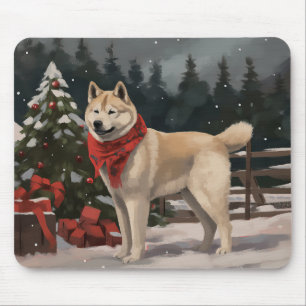 Tapis De Souris Chien Akita dans la neige de Noël