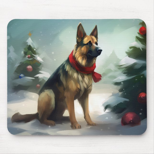 Tapis De Souris Chien berger allemand en Noël de neige (Devant)