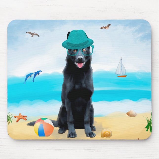 Tapis De Souris Chien berger allemand noir sur la plage (Devant)