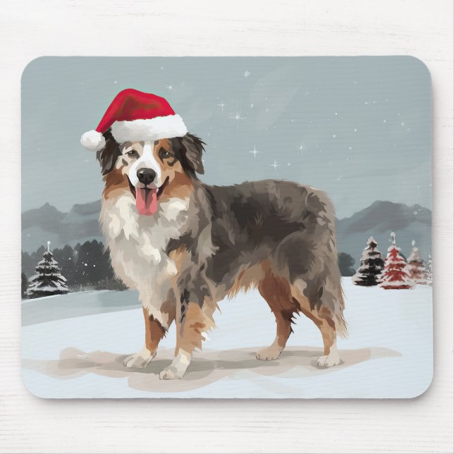 Tapis De Souris Chien berger australien en Noël de neige (Devant)