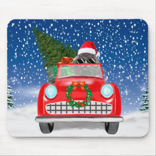 Tapis De Souris Chien Caniche Conduisant une Voiture dans la Neige