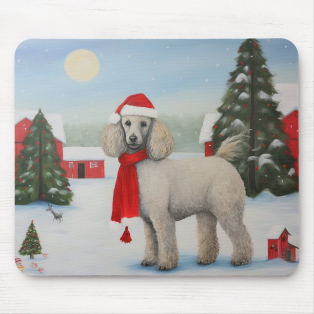 Tapis De Souris Chien Caniche dans la neige de Noël (Devant)