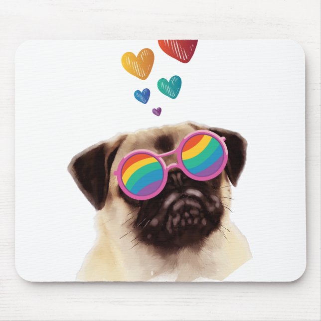Tapis De Souris Chien Carlin avec coeurs Saint-Valentin (Devant)