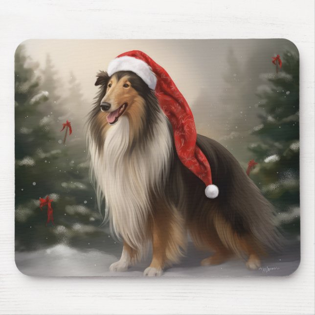 Tapis De Souris Chien Colley à poil long dans la neige de Noël (Devant)