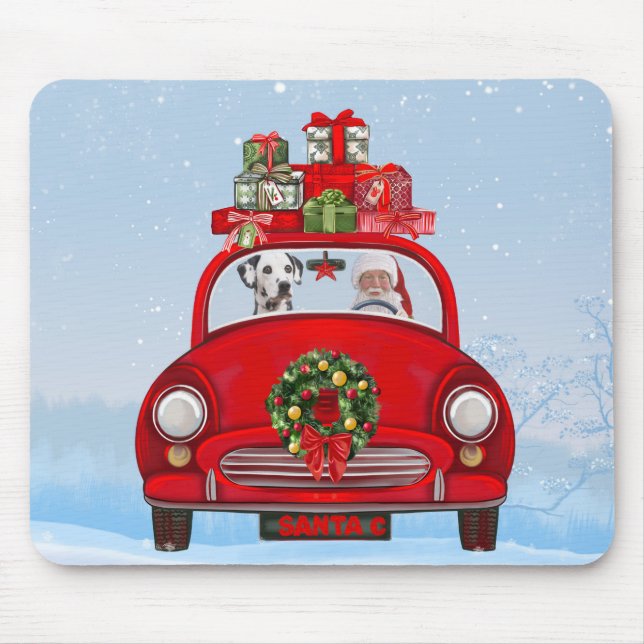 Tapis De Souris Chien Dalmatien En Voiture Avec Le Père Noël (Devant)