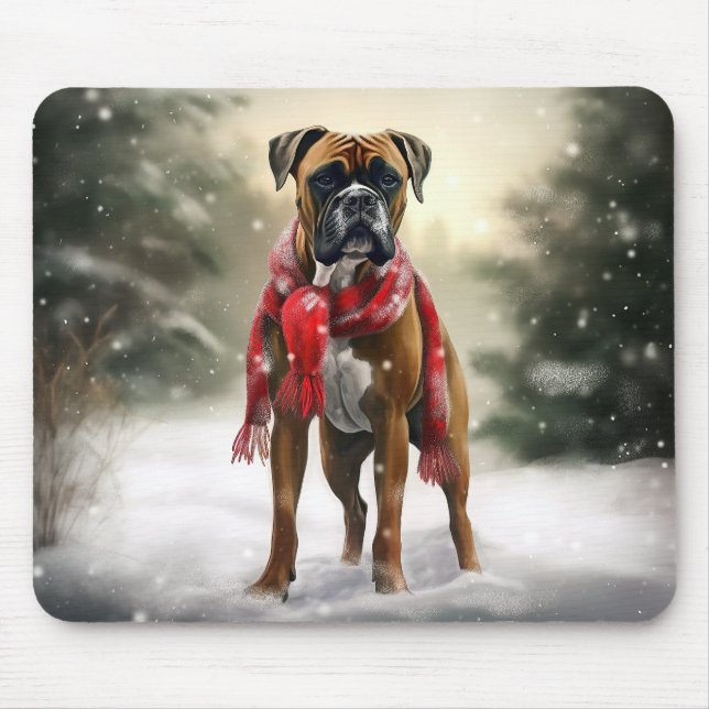 Tapis De Souris Chien de boxe en Noël de neige (Devant)