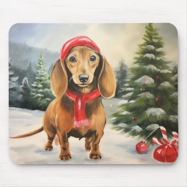 Tapis De Souris Chien de Dachshund à Noël de neige (Devant)