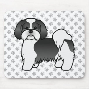 Tapis De Souris Chien de dessin animé mignon Lhasa Apso noir et bl