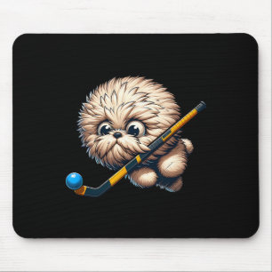 Tapis De Souris Chien de hockey mignon avec bâton et balle Kawaii