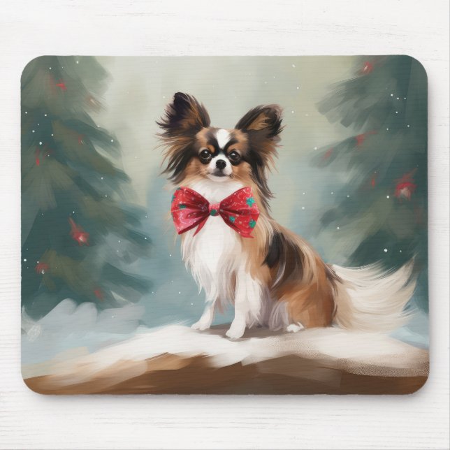 Tapis De Souris Chien de Papillon à Noël de neige (Devant)