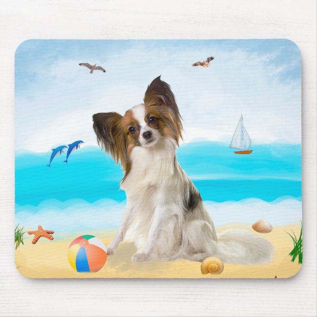 Tapis De Souris Chien de Papillon sur la plage (Devant)