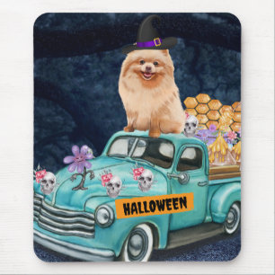 Tapis De Souris Chien de Poméranie Halloween Camion Effrayant nuit