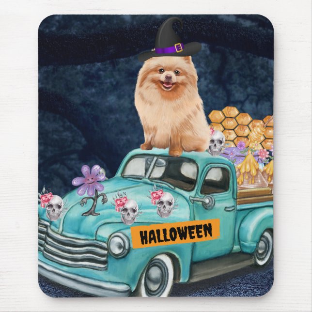 Tapis De Souris Chien de Poméranie Halloween Camion Effrayant nuit (Devant)