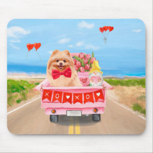 Tapis De Souris Chien de Poméranie Saint Valentin Coeurs de Camion