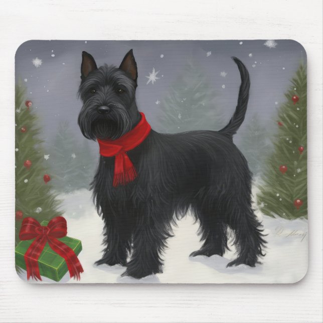 Tapis De Souris Chien de Terrier écossais en Noël de neige (Devant)