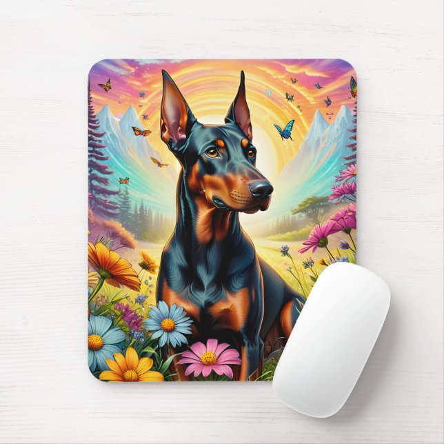 Tapis De Souris Chien Doberman, Fleurs Et Scène De Montagne (Avec souris)