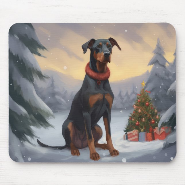 Tapis De Souris Chien Doberman pendant Noël de neige (Devant)