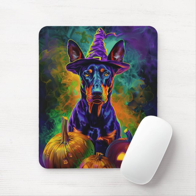 Tapis De Souris Chien Dobermann Effrayant Sorcière d'Halloween et  (Avec souris)