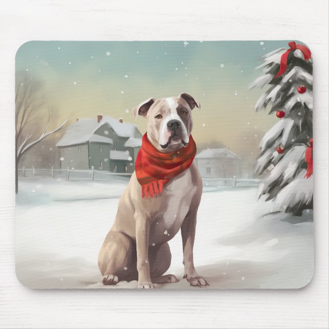 Tapis De Souris Chien du Staffordshire américain à Noël de neige (Devant)