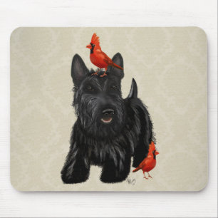 Tapis De Souris Chien écossais et Oiseaux rouges