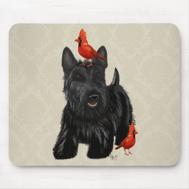 Tapis De Souris Chien écossais et Oiseaux rouges (Devant)