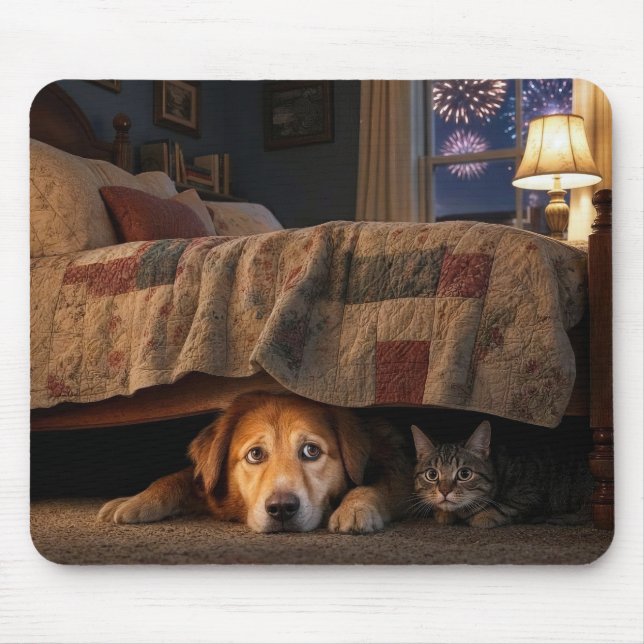 Tapis De Souris Chien et chat se cachant sous un lit (Devant)