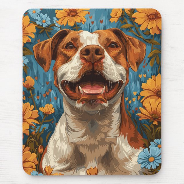 Tapis De Souris Chien et fleurs Brown et blancs mignons (Devant)